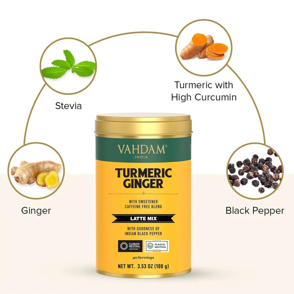 VAHDAM India, смесь для латте, куркума и имбирь, без кофеина, 100 г (3,53 унции)