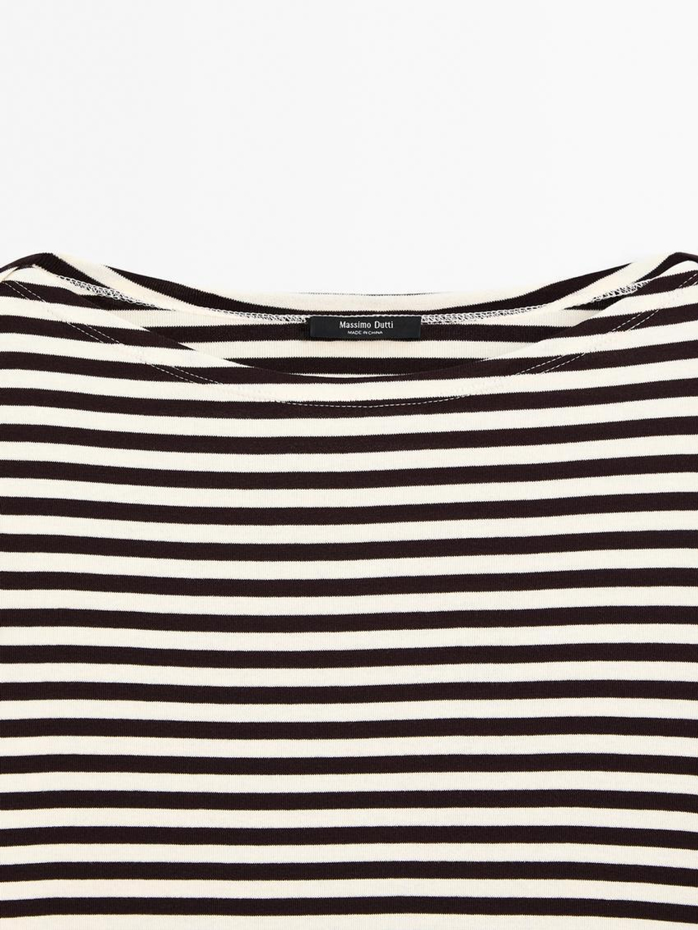 Massimo Dutti Футболка в полоску с деталью внахлест на плечах, коричневый