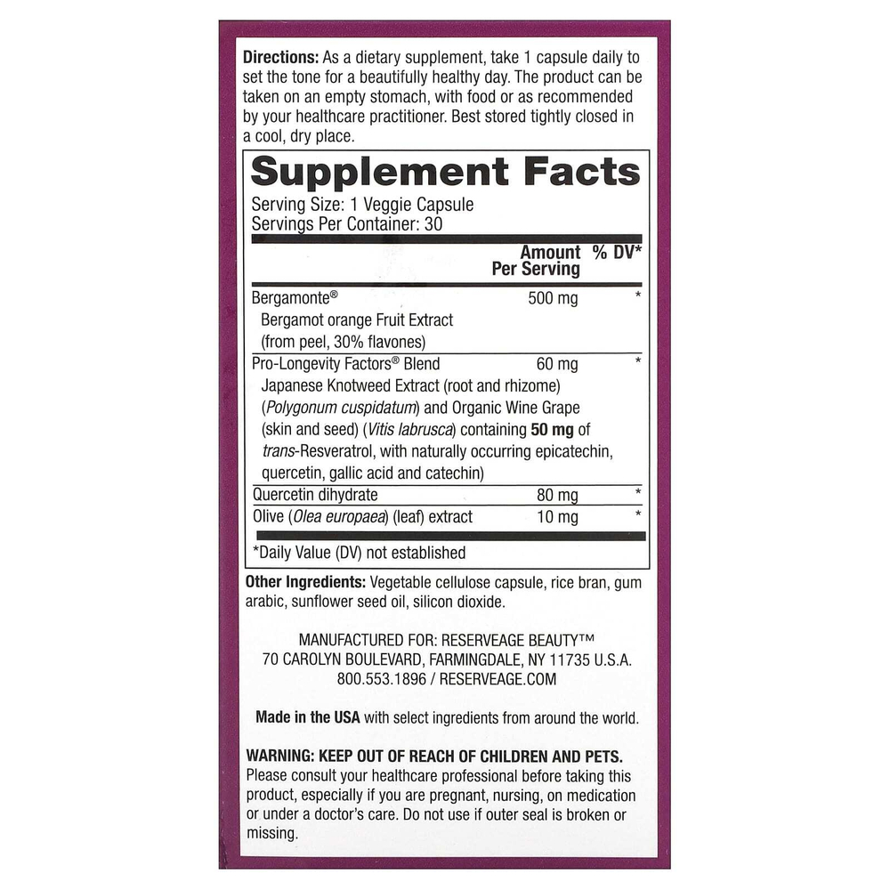 Reserveage Beauty, Bergamot Cholesterol Support, 30 растительных капсул