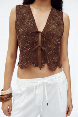 ZARA ТОП-ЖИЛЕТ ИЗ КРУЖЕВА КРОШЕ, СВЕТЛО-КОРИЧНЕВЫЙ
