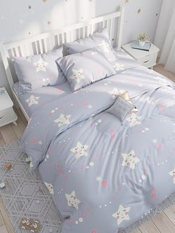Постельное белье Сказка "Спящие звезды (серо-голубые)" евро Наволочка 50х70 см 2 шт Простынь на резинке 180х200 см Пододеяльник 200х215 см, перкаль
