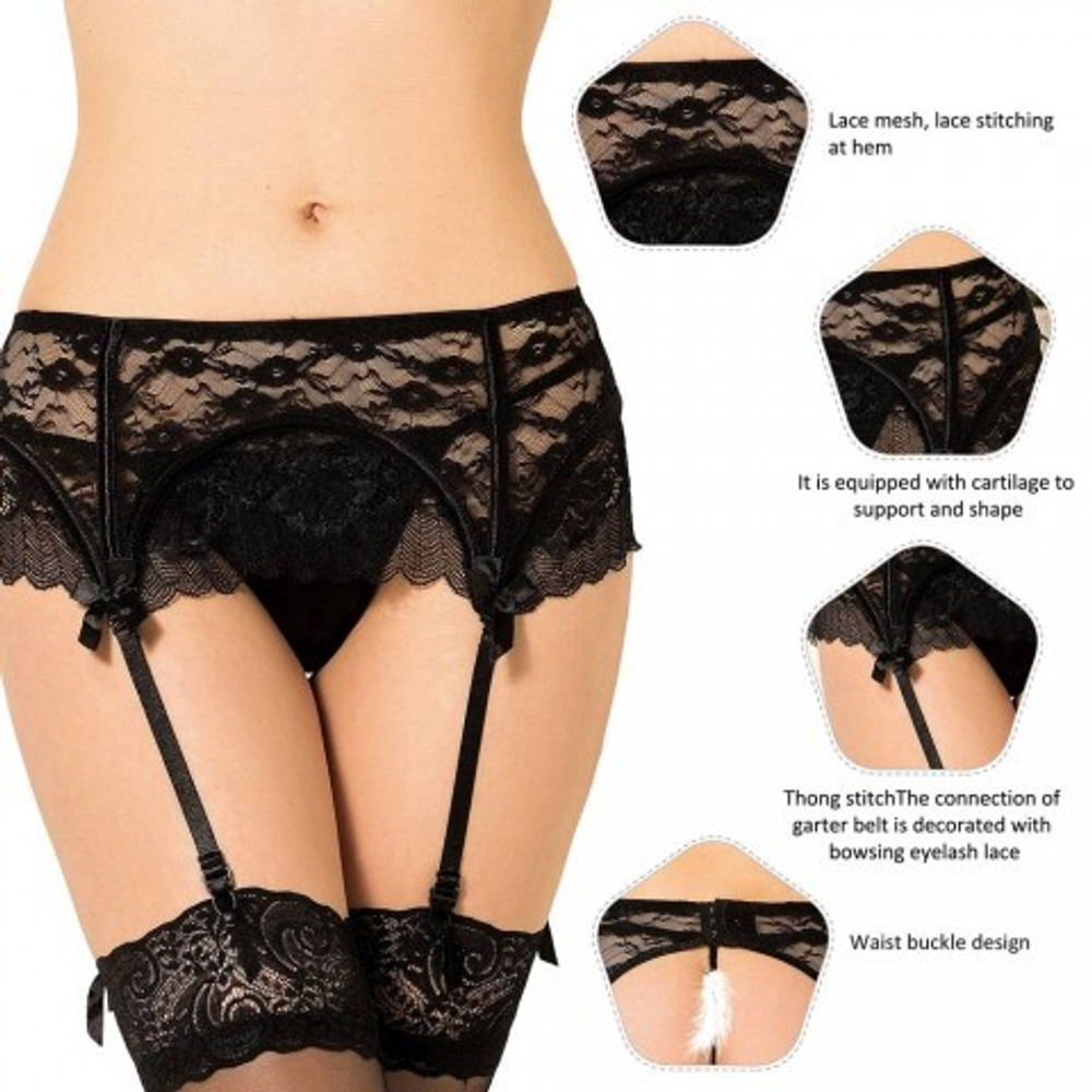 Кружевной пояс для чулок + стринги черные Sexy Lace (размер XS-S)