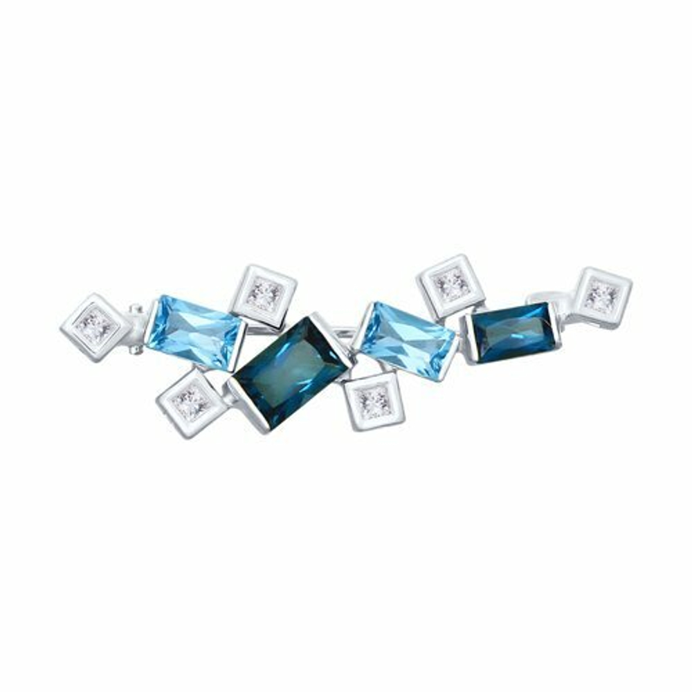Брошь из белого золота с голубыми и синими топазами и Swarovski Zirconia