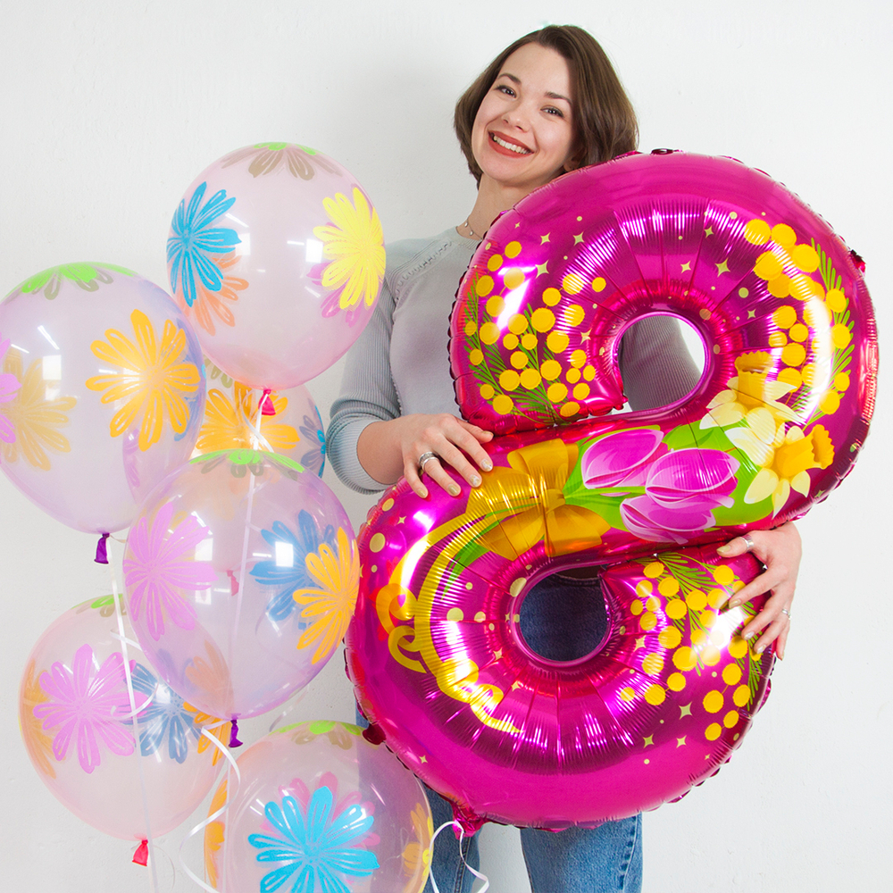 Шар (34''/86 см) Цифра, 8 Марта, Цветы, Фуше