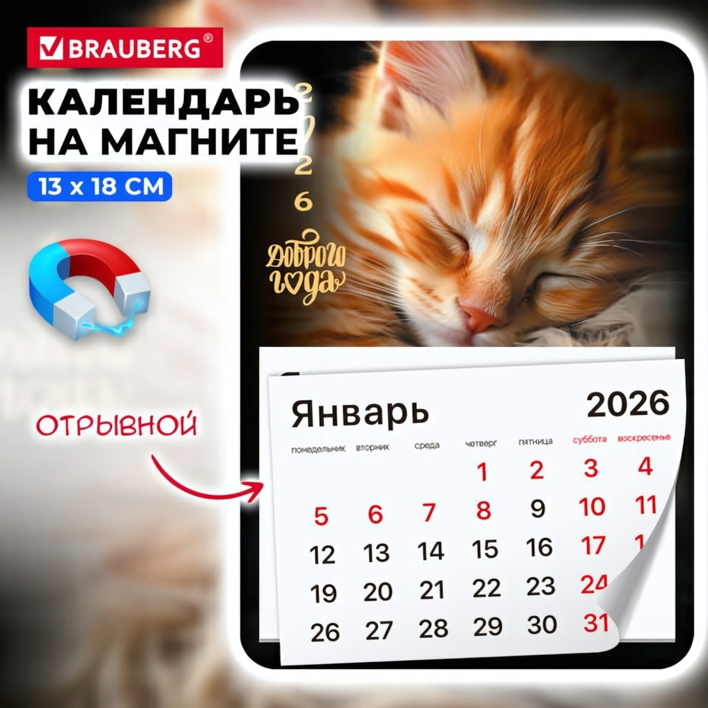 Календарь отрывной на магните на 2026 г. 13*18см. "Котик" склейка (BRAUBERG)