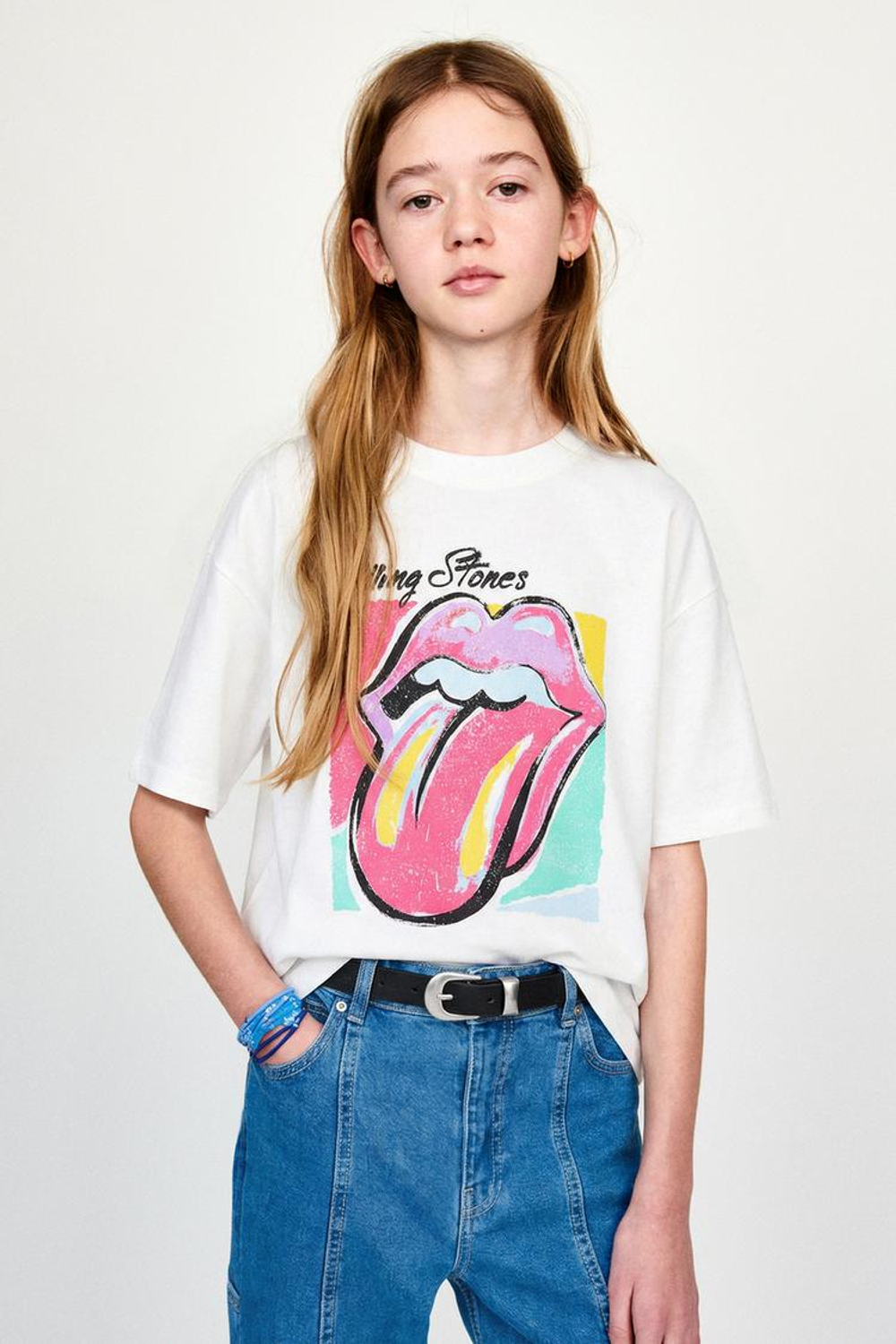 ZARA ФУТБОЛКА С ПРИНТОМ ROLLING STONES ©, БЕЛЫЙ