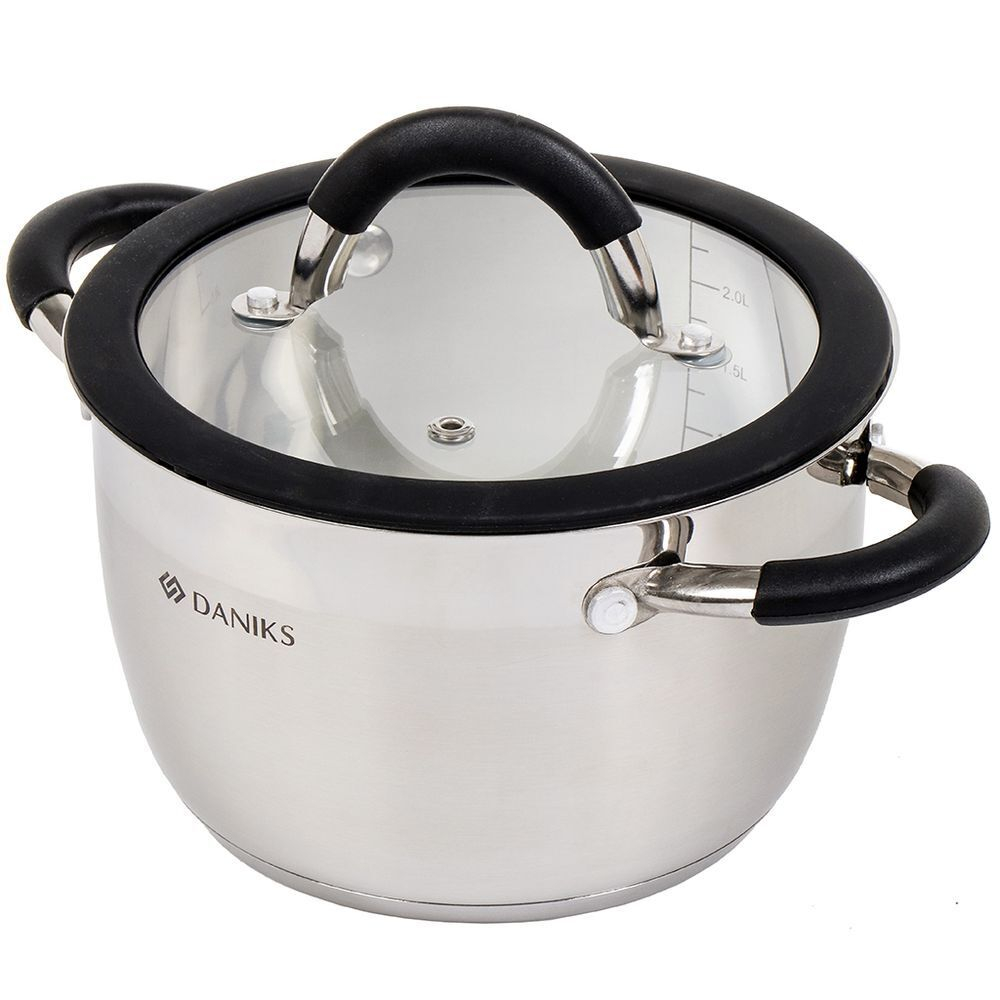Кастрюля нерж, 2.7 л, с крыш, крышка стекло, Daniks, Орландо, GS-01435-18CA, серебр, индукц