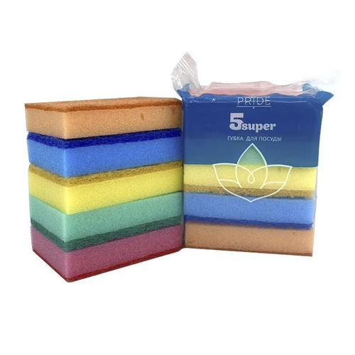 Губка для посуды 5 шт 100х65х25мм 'Супер' (Прайд)