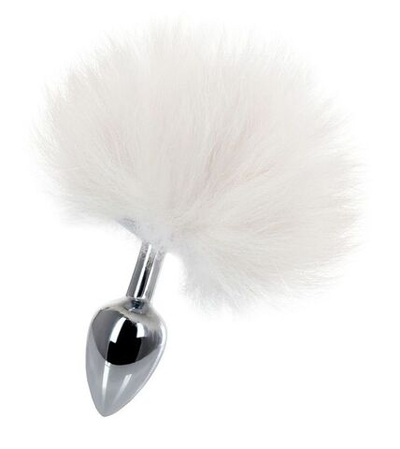 Серебристая анальная втулка с белым заячьим хвостом (Цвет: белый)