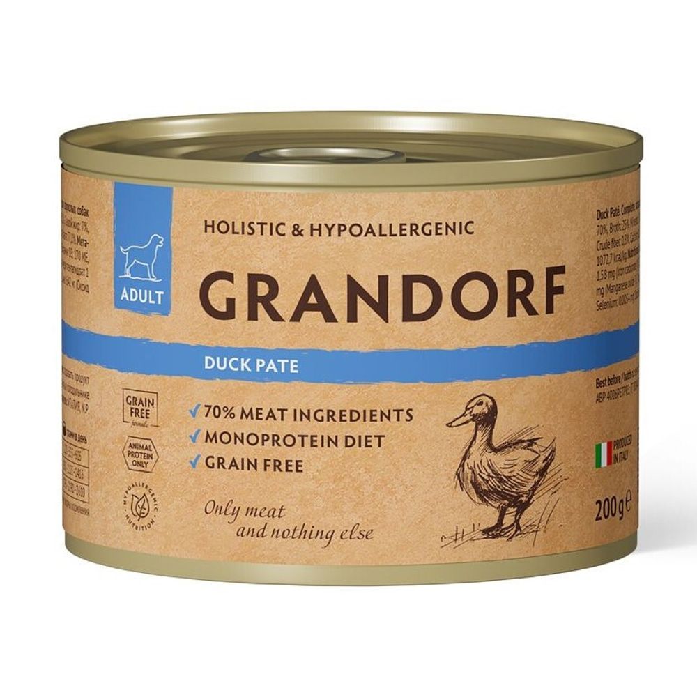 Консервы GRANDORF для взрослых собак с уткой (паштет) - 200 гр