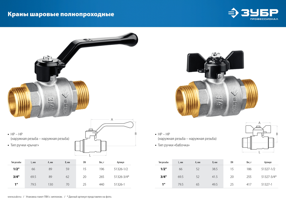 ЗУБР d 1/2″, ручка ″бабочка″, ″папа-папа″, полнопроходной шаровой кран (51327-1/2)