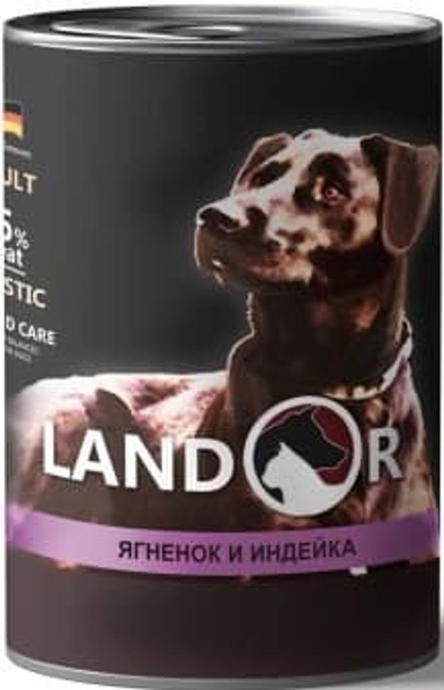 LANDOR полнорационный влажный корм, 400гр для собак ВСЕХ пород Ягнёнок с Индейкой, ж/б