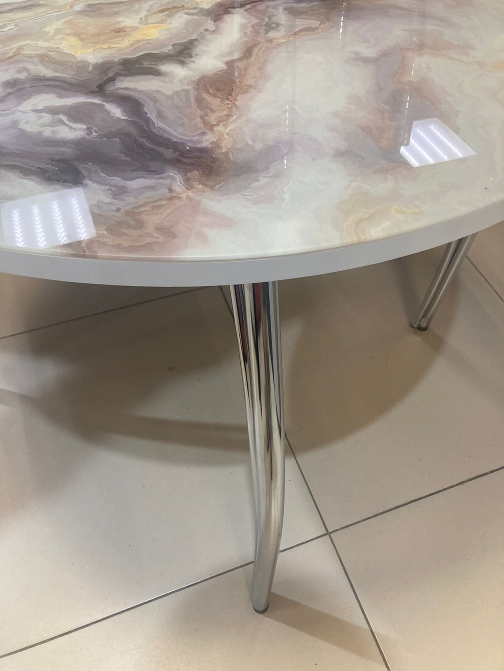 Стол неразд стеклянный Круг подстолье чайка хром Мрамор 2 фп