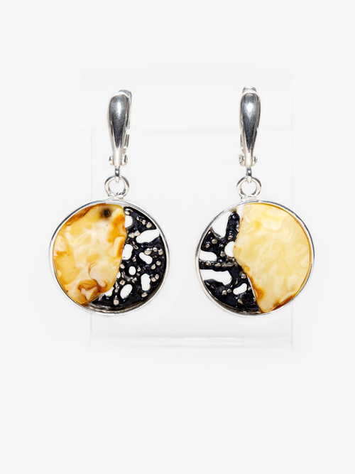 Уникальные серебряные серьги с цельным пейзажным янтарем, серебро 925 пробы