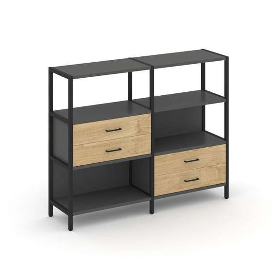 Shelf System Двухсекционный стеллаж трехярусный с ящиками SN.STM-323 Антрацит/Тиквуд Светлый/Металл