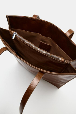 ZARA КОЖАНАЯ СУМКА-ШОПЕР, ШОКОЛАДНЫЙ