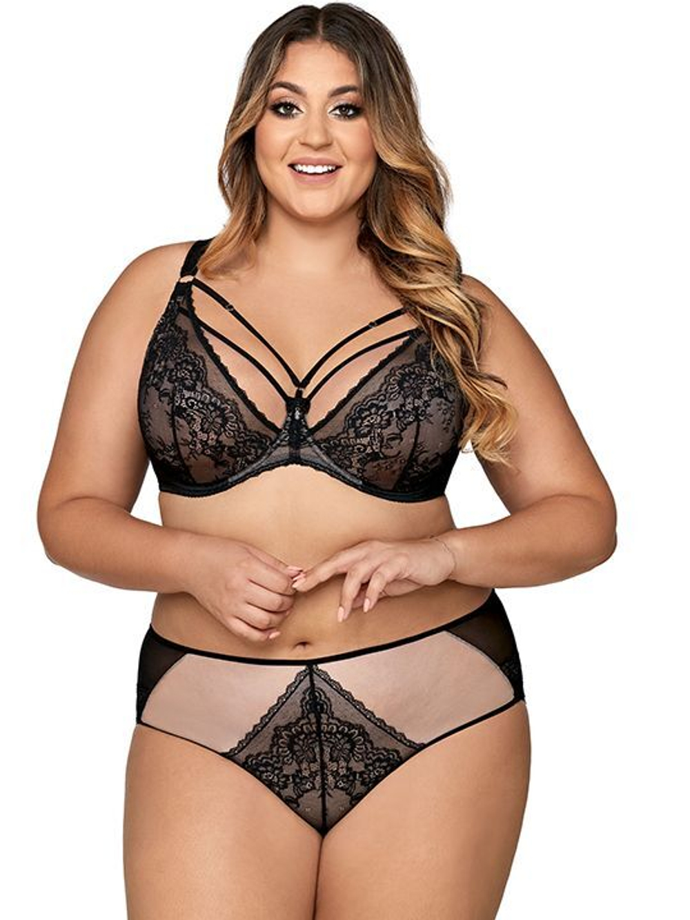 Двухцветные трусики-слипы из кружева и сетки (Размер: M) (Цвет: черный)