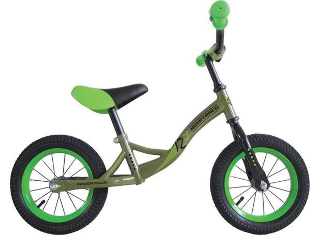 Беговел 12" Novatrack Magic хаки, цветной спицованный обод, камера, покрышка