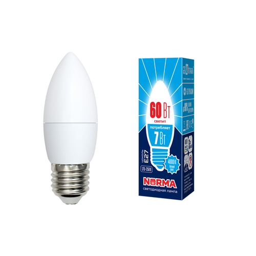 LED-C37-7W/NW/E27/FR/NR Лампа светодиодная. Форма свеча, матовая. Серия Norma. Белый свет (4000K). Картон. ТМ Volpe