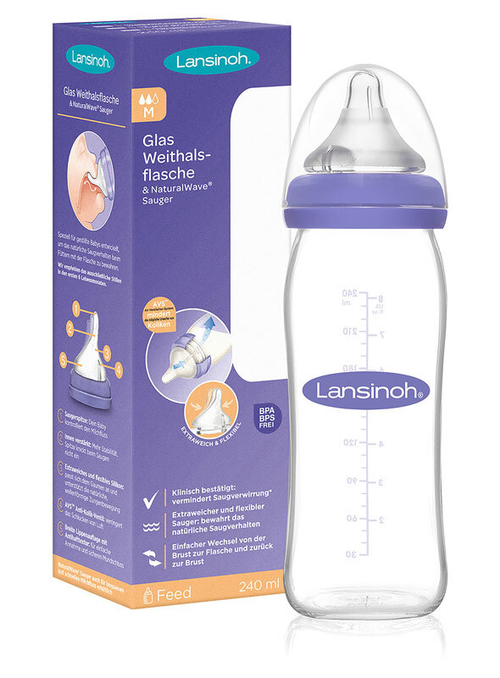 Стеклянная бутылочка Lansinoh с широким горлышком и соской NaturalWave, размер M, 240 мл.