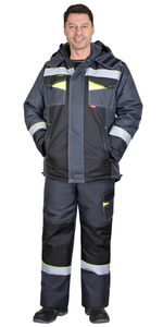 Костюм СИРИУС-ХОВАРД-М зимний, куртка длинная, брюки, темно-серый с черным, лимонной отделкой и СОП