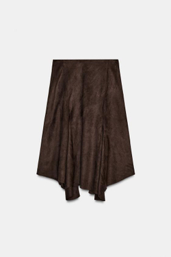 ZARA ЮБКА МИДИ АСИММЕТРИЧНОГО КРОЯ ИЗ ИСКУССТВЕННОЙ ЗАМШИ, КОРИЧНЕВЫЙ