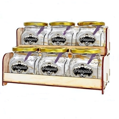 Набор банок 200 мл стекл. 6шт. с пластиковой ложкой и металлической крышкой на деревянной подставке