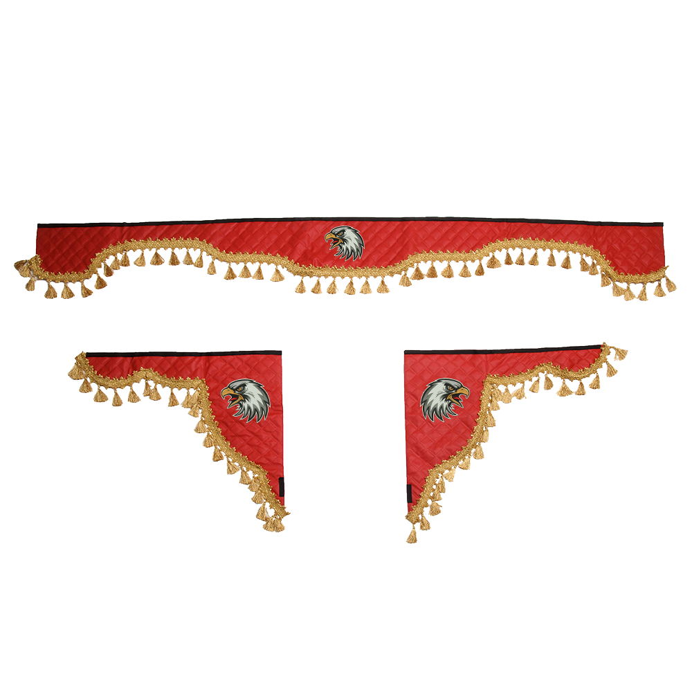 Ламбрекен с косынками универсальные стеганые Орел (экокожа, красный, золотые кисточки)