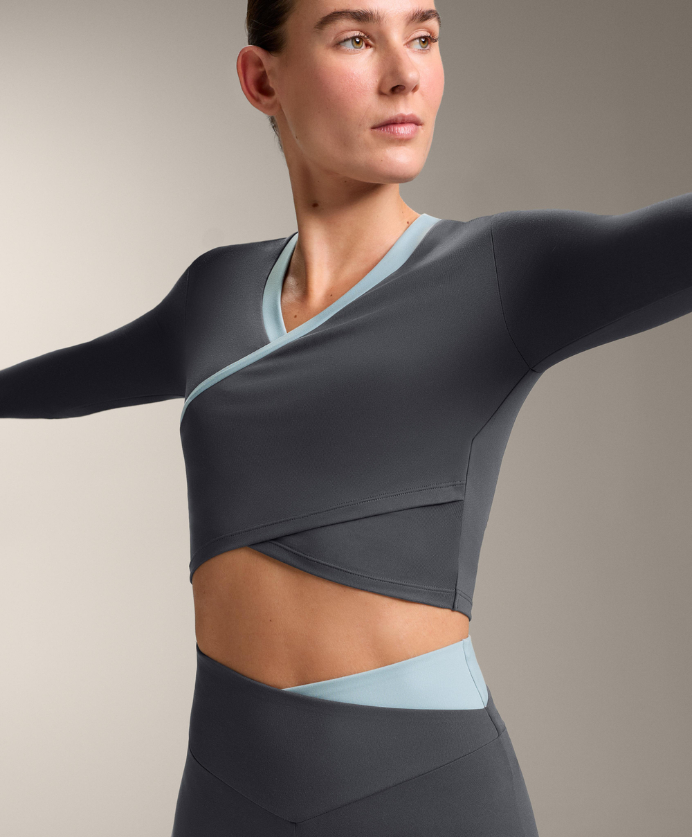 Oysho Топ с длинным рукавом и контрастными деталями, асфальтовый