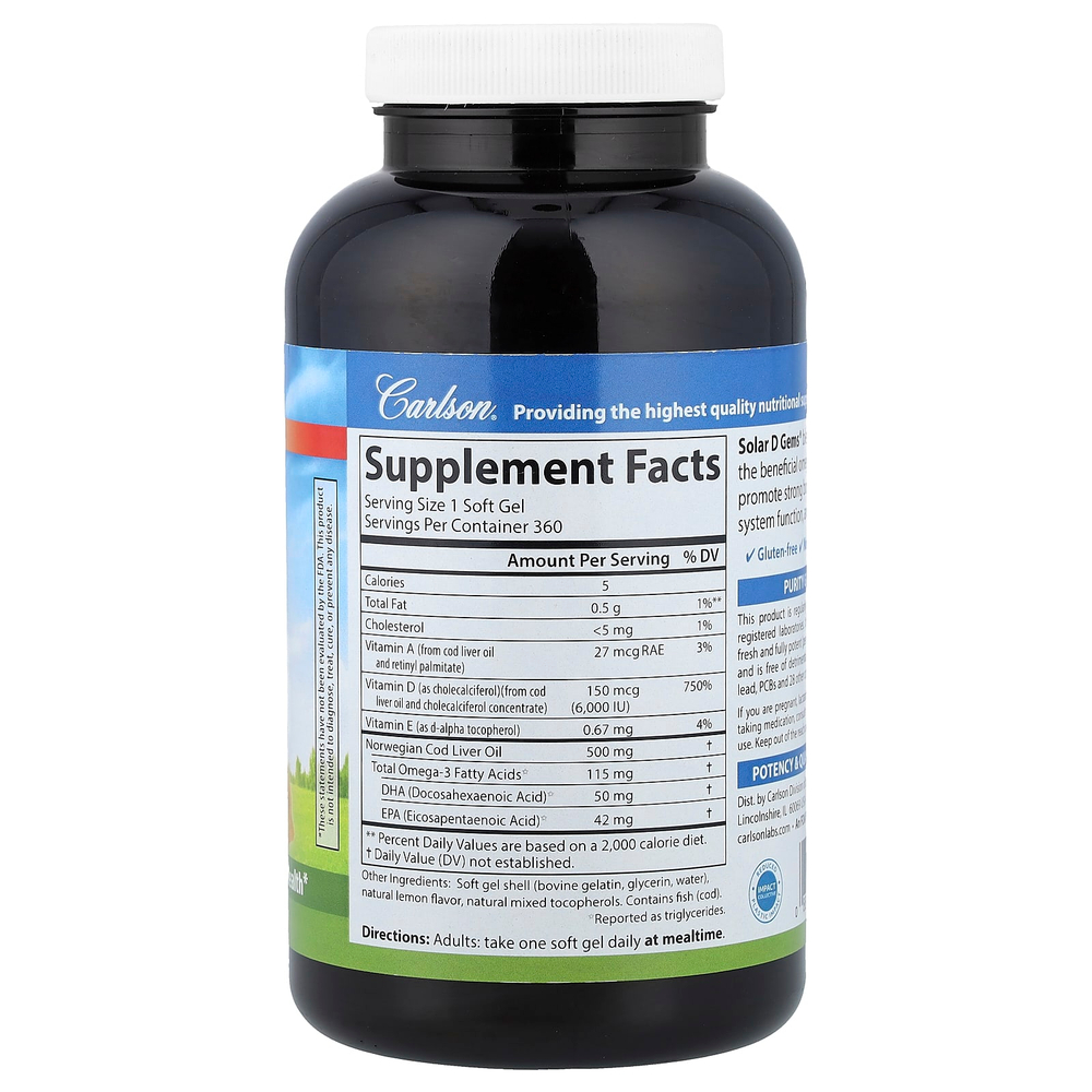 Carlson, Solar D Gems®, витамин D3 и омега-3, натуральный лимон, 360 мягких таблеток