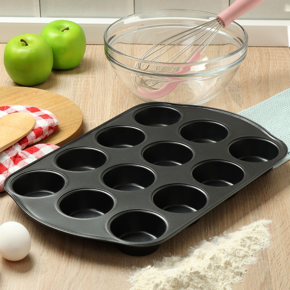 Форма для выпечки сталь, 26.5х41х3.3 см, антиприг, 12 маффин, Daniks, KB18305