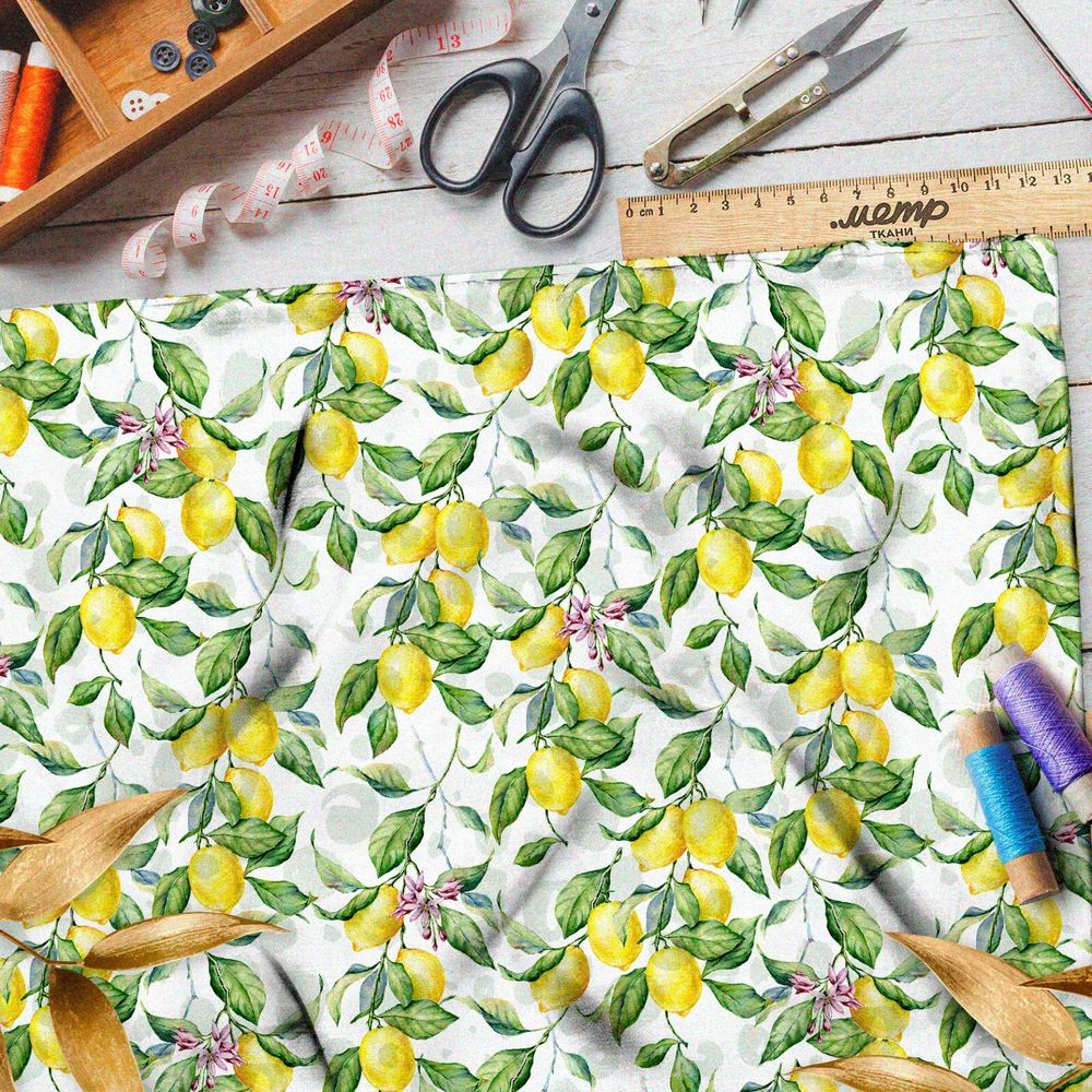 Ткань поплин яркие лимонные ветки на белом фоне