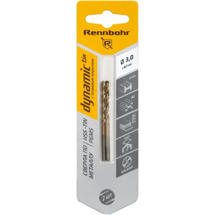 Сверло по металлу ЦХ 3,0х61мм, HSS-TIN, Р6М5, 2шт/уп, RENNBOHR DYNAMIC-TIN CARD 667030