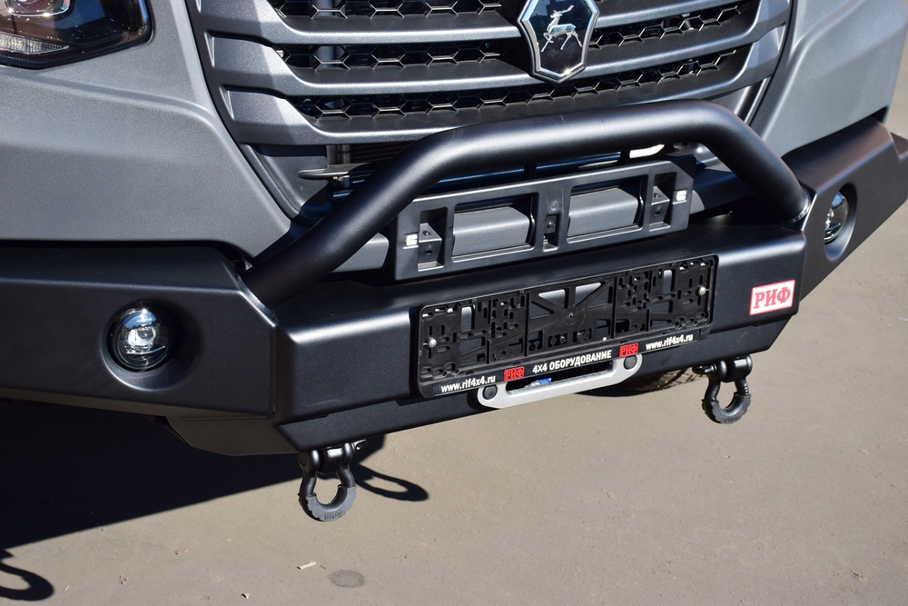 Бампер силовой передний для ГАЗ Соболь NN под штатные фары, с центральной защитной дугой, стандарт РИФ