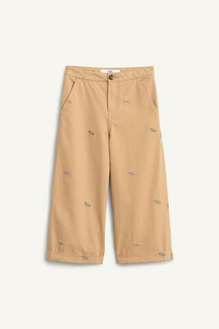 ZARA БРЮКИ ПРЯМОГО КРОЯ С ВЫШИВКОЙ, БЕЖЕВЫЙ