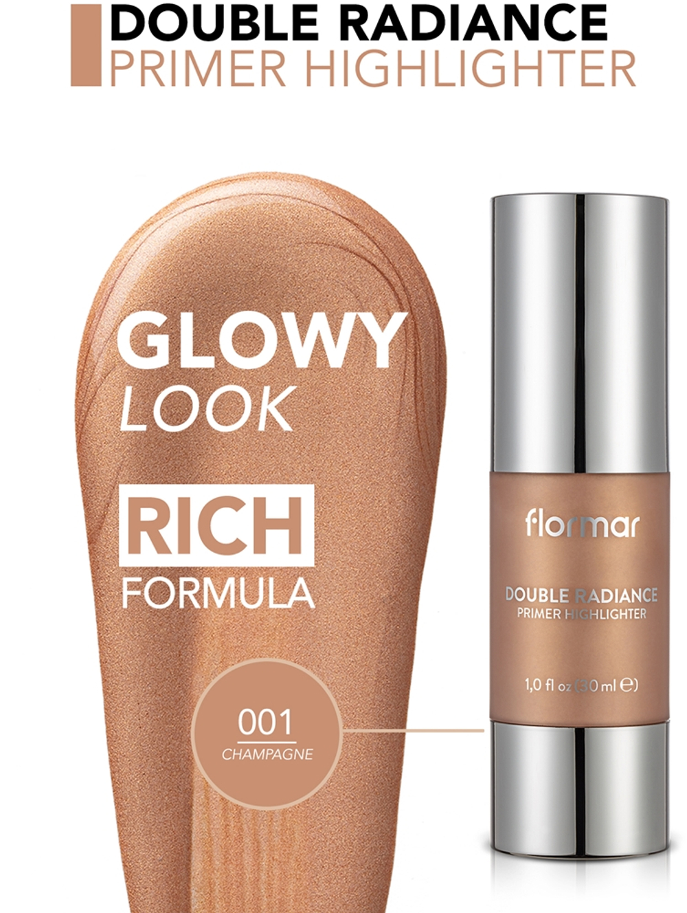 flormar Double Radiance Primer - Розовая база под макияж с SPF 10 оттенок 001 Sparkling Wine, 30 ml