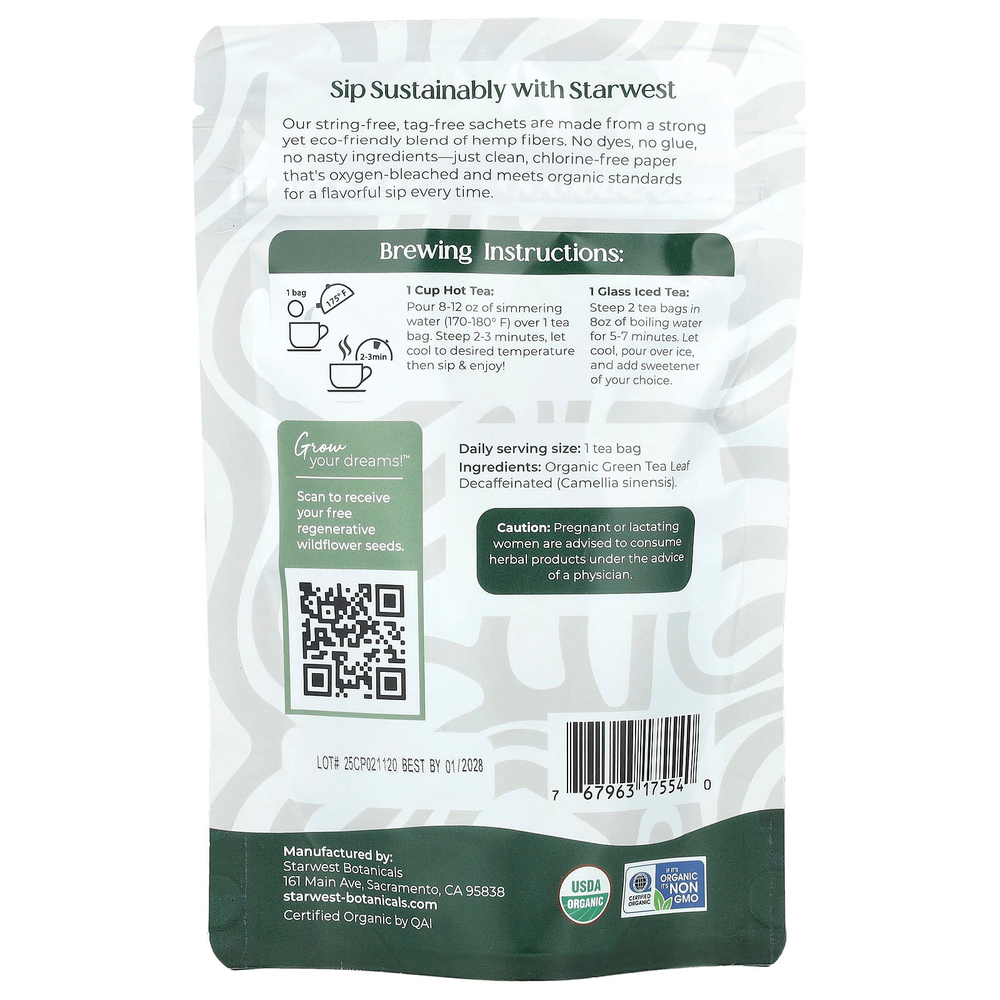 Starwest Botanicals, органический зеленый чай без кофеина, 20 чайных пакетиков, 40 г (1,4 унции)