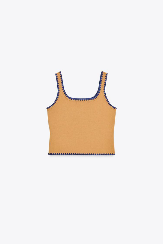 ZARA ТОП ТРИКОТАЖНЫЙ С КОНТРАСТНОЙ ВЫШИВКОЙ, МЯГКИЙ КАШТАНОВЫЙ