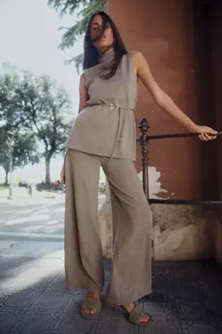 ZARA БРЮКИ SOFT ШИРОКОГО КРОЯ ИЗ ТКАНИ ПИКЕ, РЫЖЕВАТО-КОРИЧНЕВЫЙ С МЕЛАНЖЕВЫМ ЭФФЕКТОМ