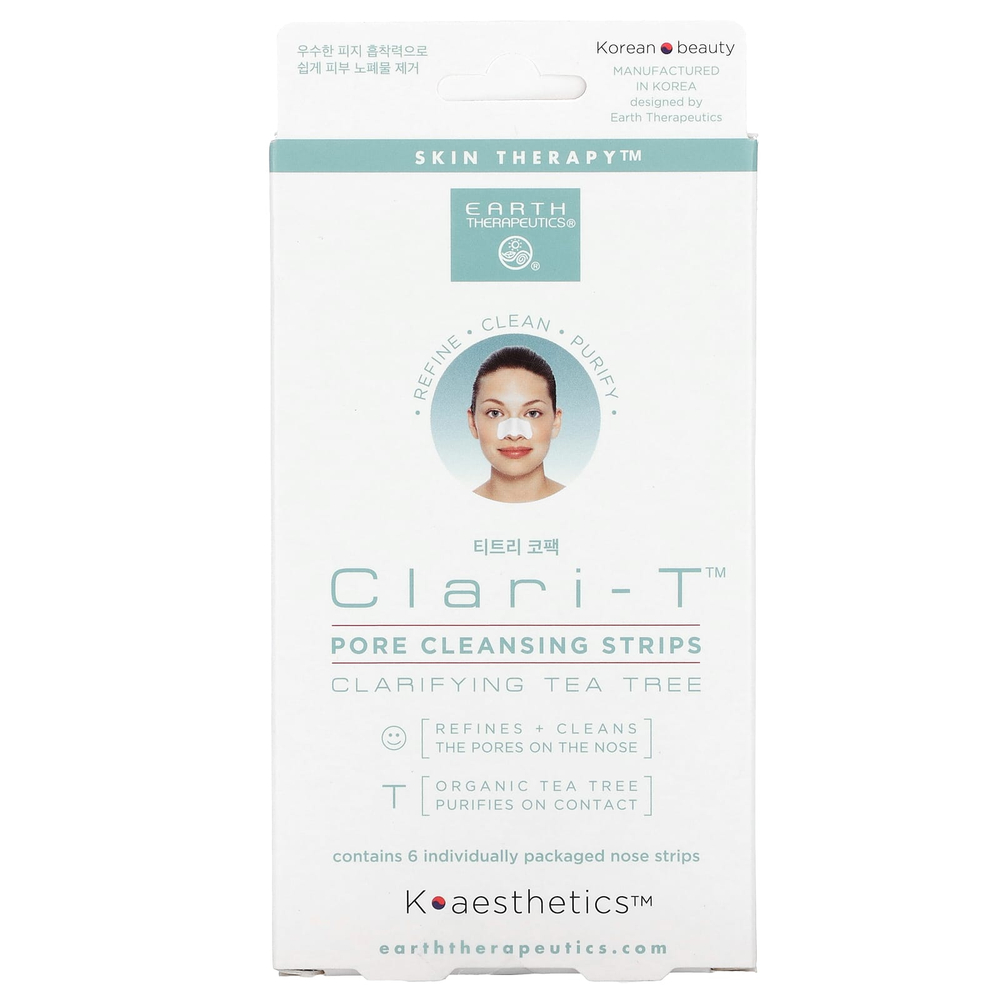 Earth Therapeutics, Clari-T Pore Cleansing Strips, очищающее средство с чайным деревом, 6 полосок для носа