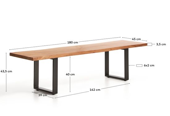 Скамейка Uxue из массива акации с черными стальными ножками, 180 x 45 см