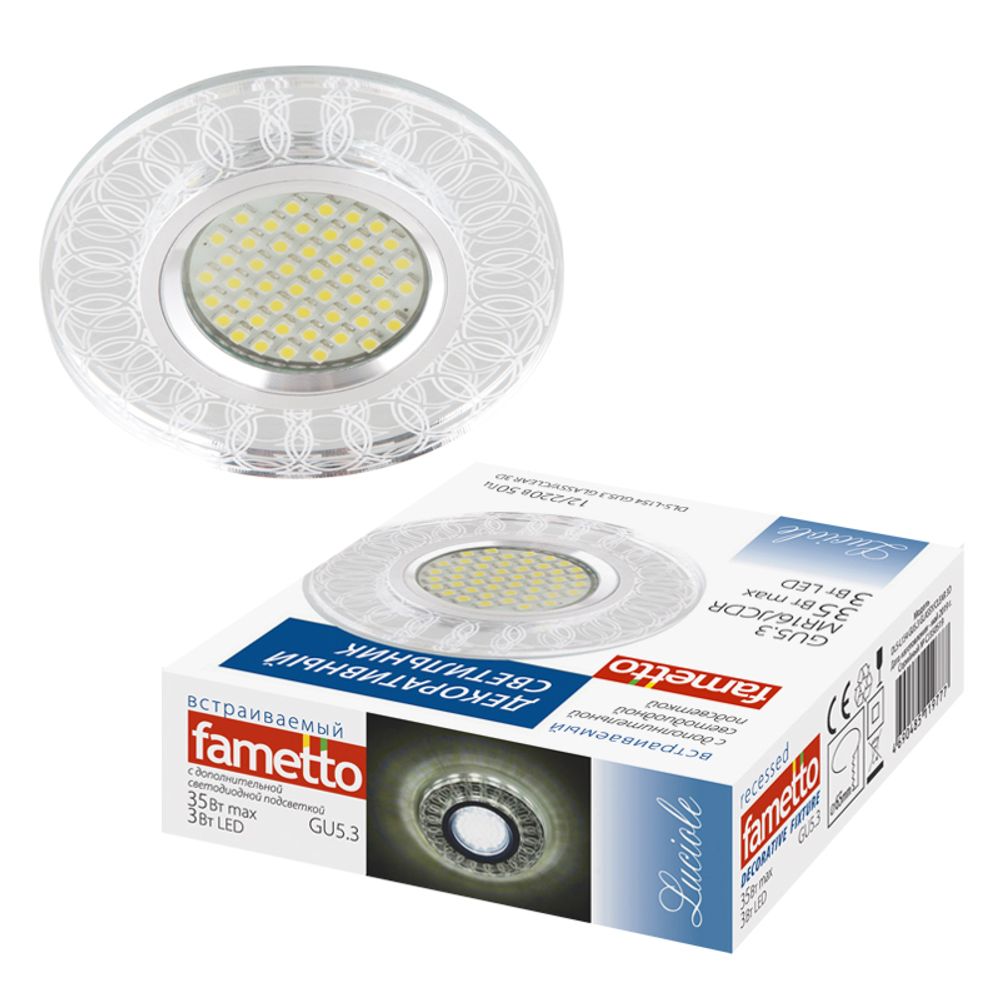 DLS-L154 GU5.3 GLASSY/CLEAR 3D Светильник декоративный встраиваемый, серия Luciole. Без лампы, цоколь GU5.3. Доп. светодиодная подсветка 3Вт. Металл/с