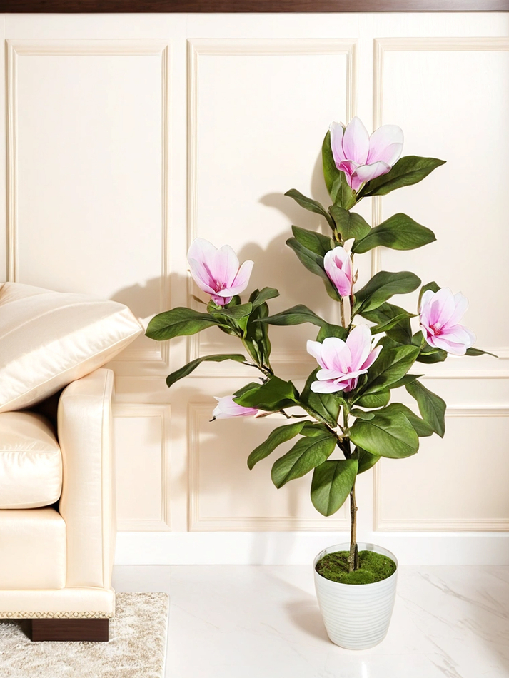 Куст искусственная Магнолия с розовыми цветами 100см в кашпо