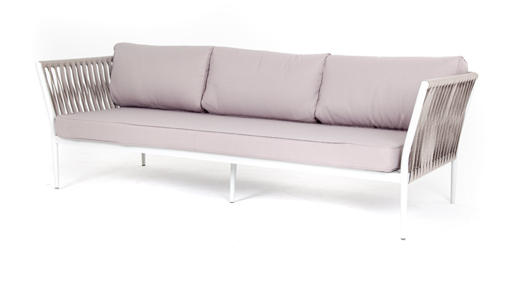 "Багамы" диван 3-местный плетеный из роупа, каркас алюминий бежево-серый (RAL7006) муар, роуп серо-коричневый 23мм, ткань светло-серая