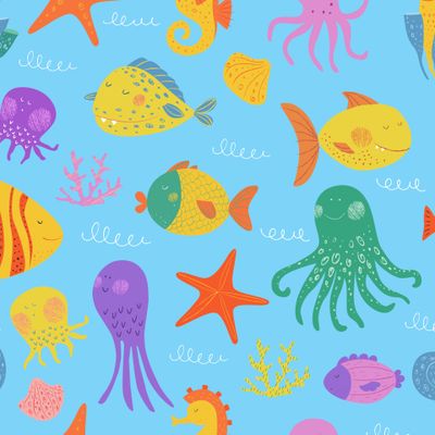 Детские мультяшные морские животные и рыбки.