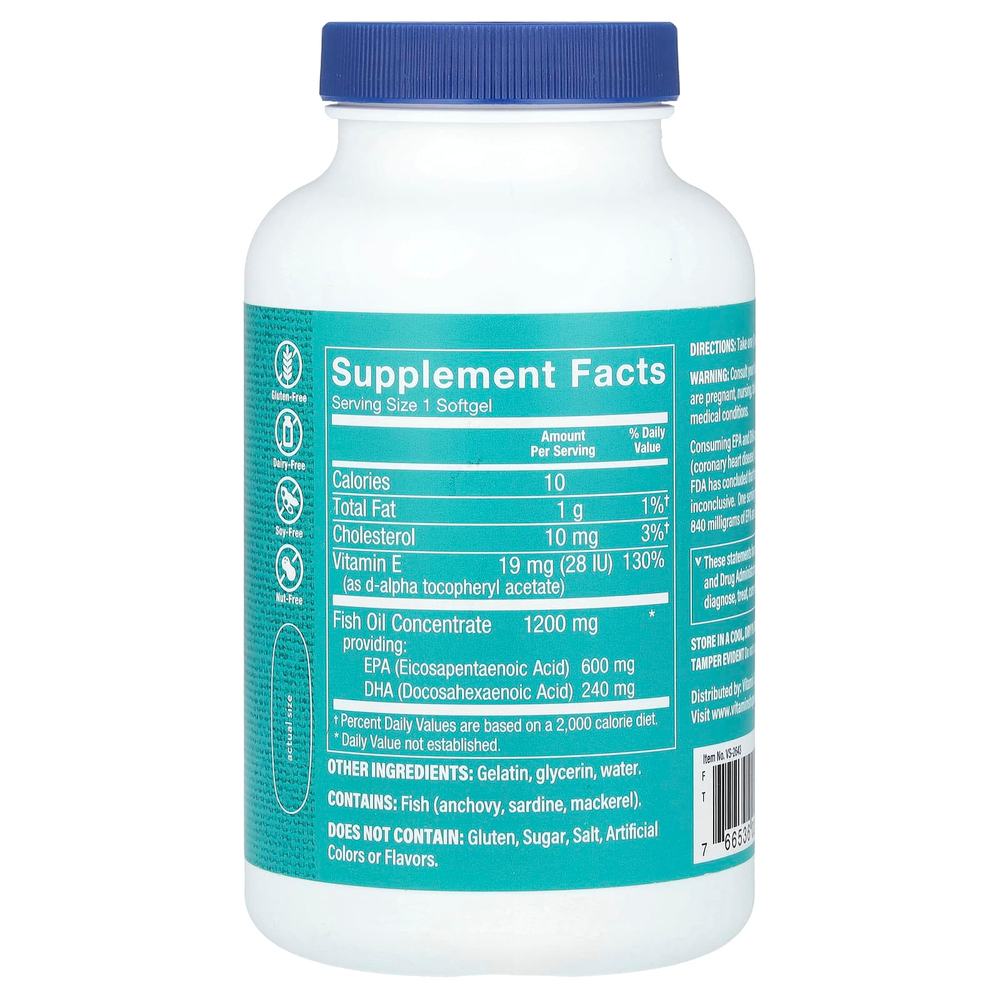 The Vitamin Shoppe, Рыбий жир с омега-3, 1200 мг, 180 мягких таблеток