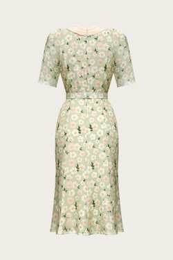 Платье-миди из зеленого шелка с авторским принтом