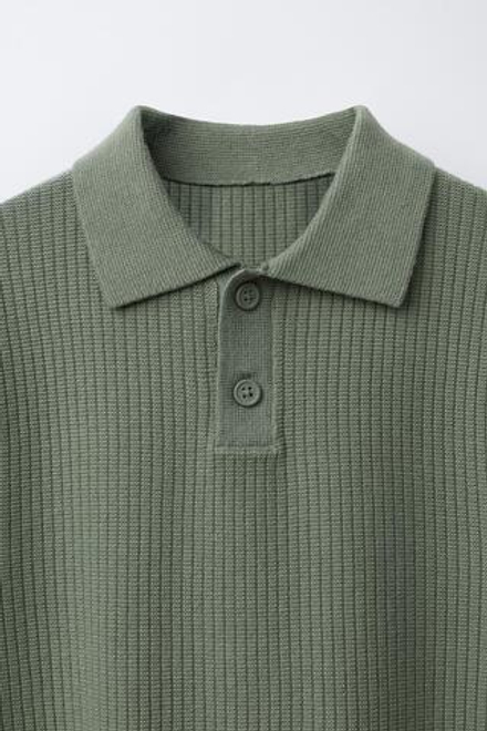 ZARA БАЗОВОЕ ПОЛО В РУБЧИК, СВЕТЛЫЙ ХАКИ