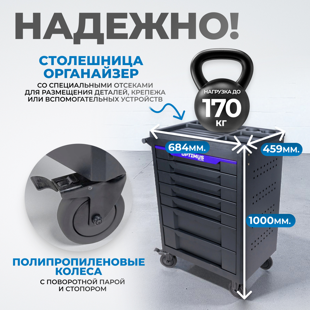 OPT-717P Тележка инструментальная, 7 полок с набором инструментов, пластиковая столешница