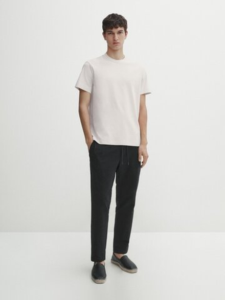 Massimo Dutti Хлопковая футболка с короткими рукавами, натуральный, кремовый